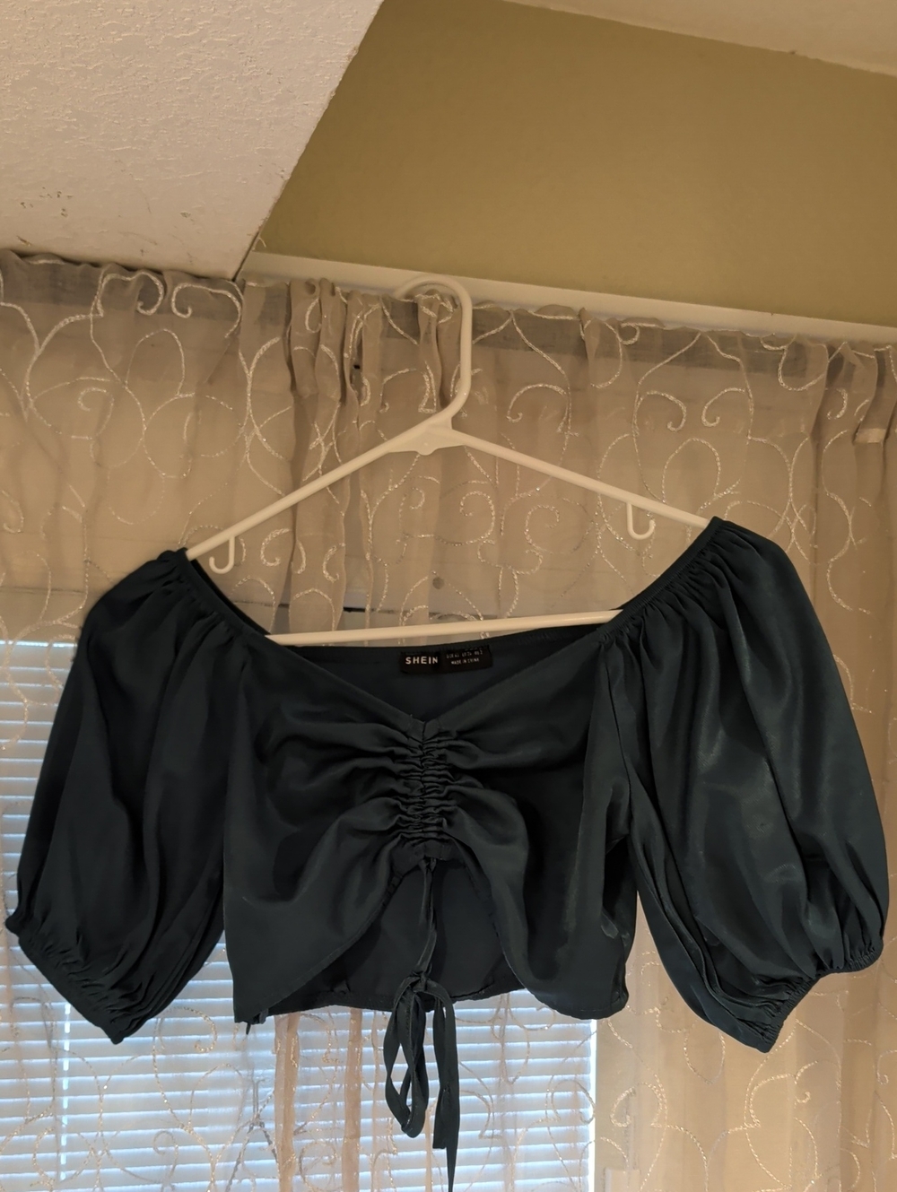 SHEIN Dark Teal Ruched Puff-Sleeve Drawstring Crop Top